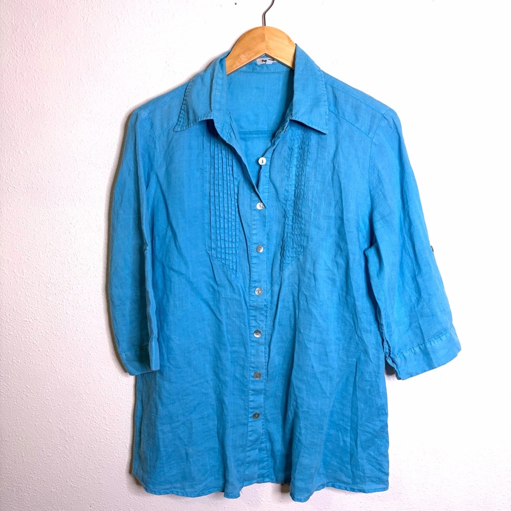 100% linen turquoise Blue Button Down Shirt top sz S women’s pintuck coastal